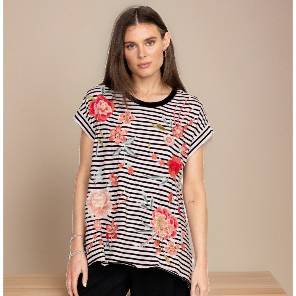 Johnny Was Joya Relaxed Draped Tee Black and White Striped Floral Embroidery XXS